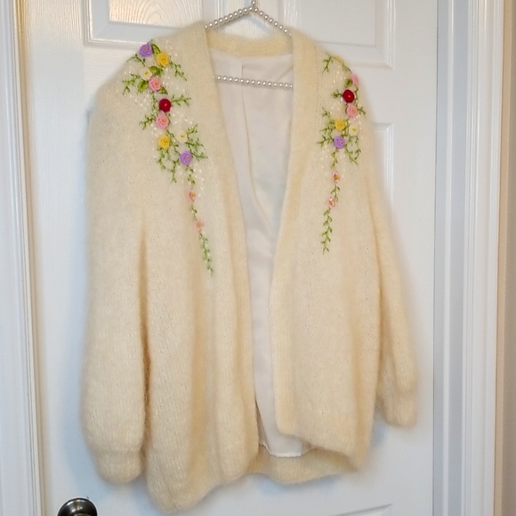 Vintage Sweaters - Vintage Cream Fuzzy Embroidered Moha 3D Flowers Knit Cardigan Longsleeve Sweater